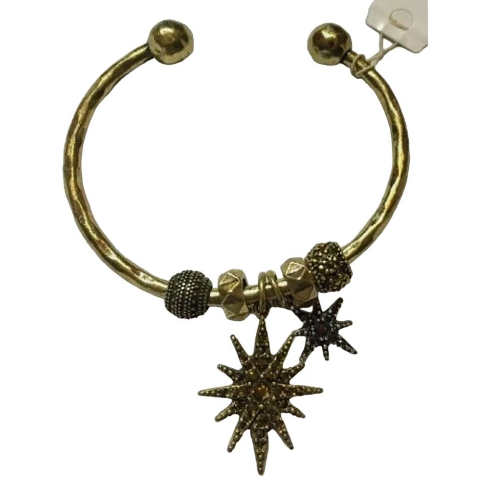 Lucky Brand Bracelet Women EST. 1990 Antique Style 
Gold tone Stars Charm Cuff